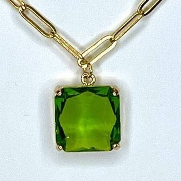 NEW Paperclip Chain Necklace 16" 18" 20" Green Faceted Glass Pendant Trendy J183 - Picture 1 of 5